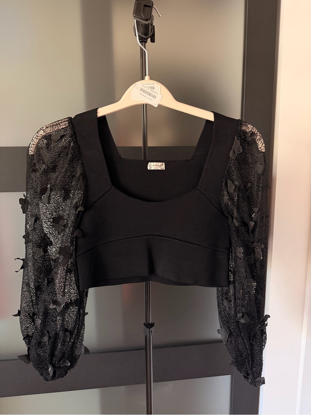 Free People Black Square-Neck Crop Top with Sheer Puff Sleeves